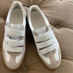 Veronica Beard White and Beige Suede Leather Velcro Sneakers